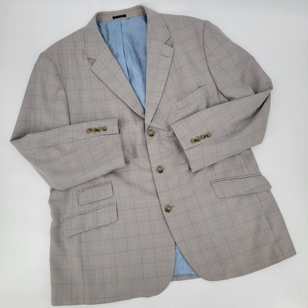 Steve Harvey Supreme 50R Lt Grey w/Blue Windowpane Paisley Lined Mens Blazer